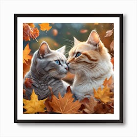 Two Cats Kissing In Autumn Leaves Art Print