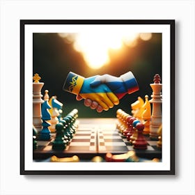 Chess Board With Russian Ukrainian Hands Shaking Art Print