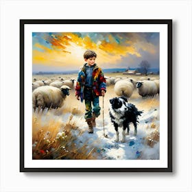 Faithful Boy With Dog and Sheep Art Print