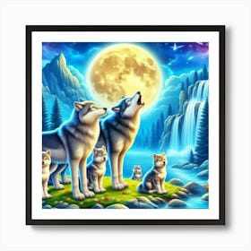 Big Moon Howling Wolf Family Art Print