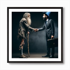 Businessman Shaking Hands With Old Wizard Art Print