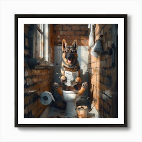 German Shepherd Sitting On Toilet Art Print