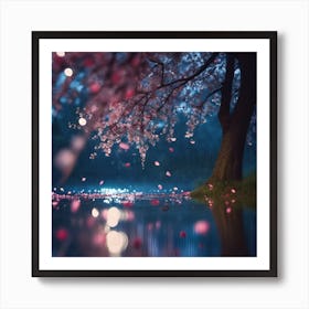 Midnight Moonshine on the Lake with Cherry Blossom Petals Art Print