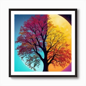 Colourful Moon Tree Art Print