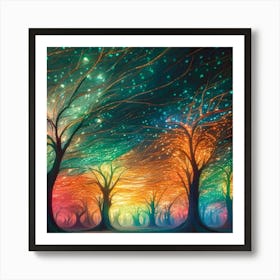 A captivating scene of trees that appear to be alive, with twinkling lights and vibrant 9 Art Print