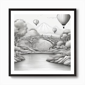 Hot Air Balloons Over The River Minimalistic Line Art Landscape Art Print