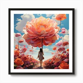 Girl Walking Through A Field Of Flowers paintings art print Art Print