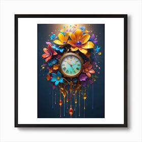 Clock With Flowers Art Print