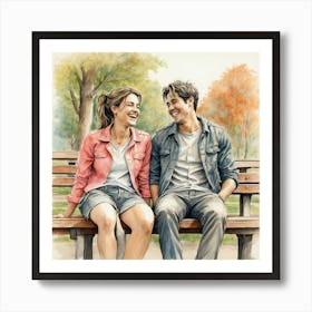 Couple Sitting On Park Bench Art Print