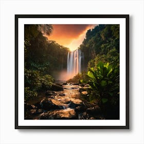 Sunset In The Jungle With Waterfall Art Print