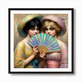 Two Girls Holding A Fan 3 Art Print