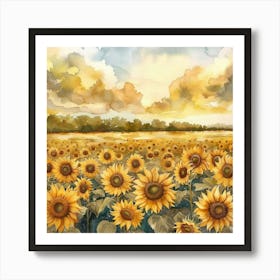 Sunflower Fields Watercolor Painting | A Field of Sunflowers in Kansas | Americana - At the Old Farmhouse | Home Sweet Home Idyllic Countryside Slow Living Nostalgic Art Print