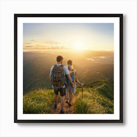 Couple Hiking Atop A Lush Hill During A Sunset Surrounded By Mountainous Landscape Embracing In A (6) Art Print