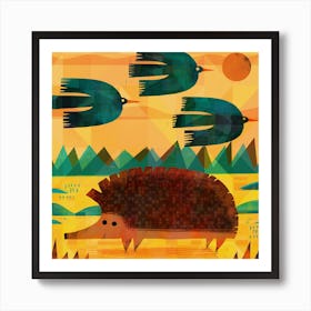 Hedgehog And Three Choughs Square Art Print