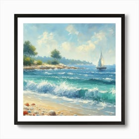 Sailboat On The Beach, Acrylic Painting Style 9 Art Print