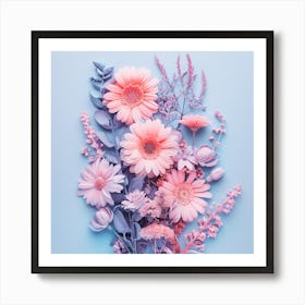 Pink Flowers On A Blue Background Art Print