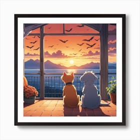 Two Cats Watching Sunset Art Print