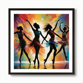 Dynamic silhouettes of dancers in motion against a colorful abstract background. The scene should convey energy, rhythm, and joy, with vibrant splashes of color highlighting the movement. 3 Art Print