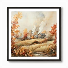 Autumnal Landscape Featuring Falling Leaves Watercolor Painting Soft Toned Florals Cottages With 2 1 Art Print