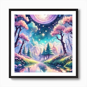 A Fantasy Forest With Twinkling Stars In Pastel Tone Square Composition 358 Art Print