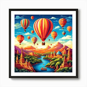 Hot Air Balloons In The Sky, Hot Air Balloon Adventures A Whimsical Pattern With Colorful Hot Air Balloons Floating Over Landmark 4 Art Print