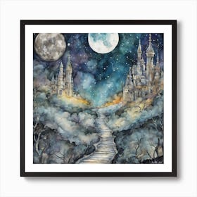 Unreal Watercolor Painting Of A Earthlike Planet With Two Moons Showing Stairs Going Up To Castles Art Print