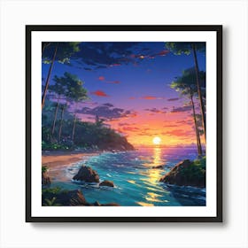 Tranquil Seaside Sunset Amidst Lush Forests and Rocky Shores Art Print