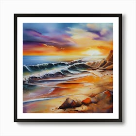 Artwork, oil colors, sea and sunset, seashore, beach rocks.San Francisco, USA.9 Art Print