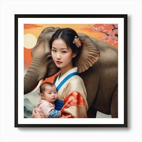 Asian Woman With Elephant Art Print