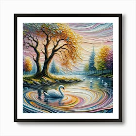 Swan Painting and Spring Dreamscape: Ripple Pour Wet Acrylic Paint, Impasto Trees, Swans in the Lake - Highly Detailed Art with Crisp Clear Sharp Focus Art Print