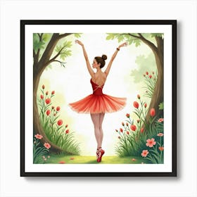 Ballet Dancer In Watercolor Lush Garden Setting 1 Art Print