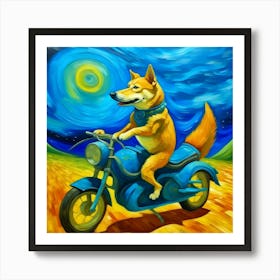 Dog Riding A Rocket Motorcycle In The Style Of Van Gogh Art Print