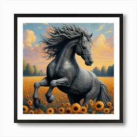 Black Horse In Sunflower Field Art Print