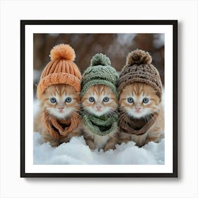 Three Orange Tabby Kittens In Knitted Winter Accessories On Snow Art Print