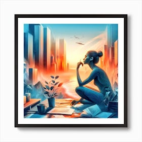 Girl Sits On A Desk Art Print