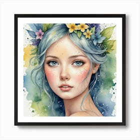 Watercolor Of A Girl With Blue Hair Art Print