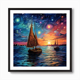 Sailboats In The Night Sky Art Print