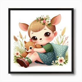 Cute Little Girl With Deer Art Print