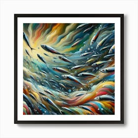 Sardines Gliding Through An Abstract Ocean Of Colors And Shapes, Style Abstract Expressionism Art Print