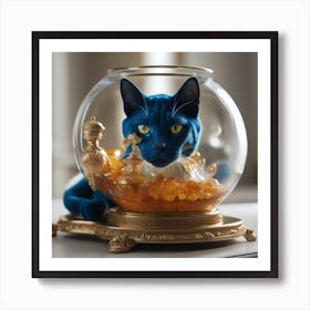 Blue Cat In Gold Bowl 2 Art Print