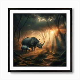 Mother And Baby Rhinos Art Print