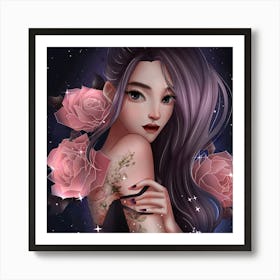 Anime Girl With Roses Art Print