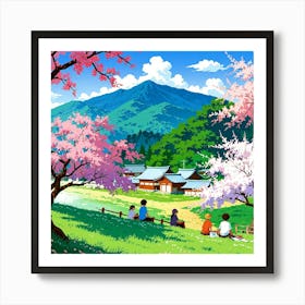 Japan village with cherry blossom tree and mountain Art Print