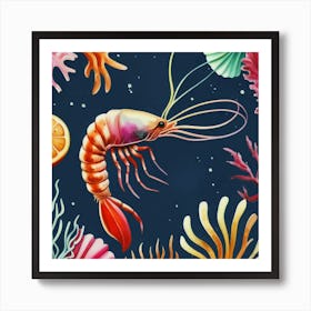 Shrimp And Corals, Paradise Watercolor Art Print