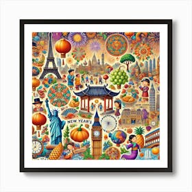 Global New Year’S Celebrations Printed Art A Vibrant Illustration Of New Year’S Festivities From Around The World, Perfect For Adding A Touch Of Cultural Diversity And Joy To Any School Space Prin Art Print