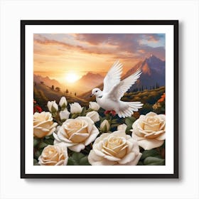 Dove And white Roses Art Print