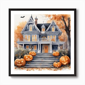 Halloween House With Pumpkins 16 Art Print