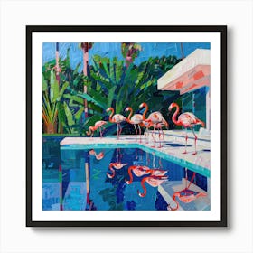 Flamingos By a Pool Hockney Style 1 Art Print