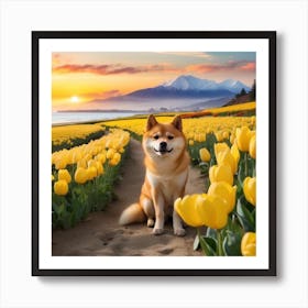 Shiba Inu in Yellow Tulips Garden Art Print