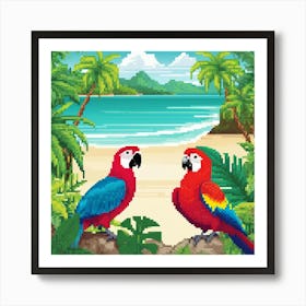 Parrots On The Beach, Tropical, pic cell art, good flowers, nice colors, flowers, trees, digital art of nature, wall art of birds, wall art of flowers, wall art of greenery Art Print